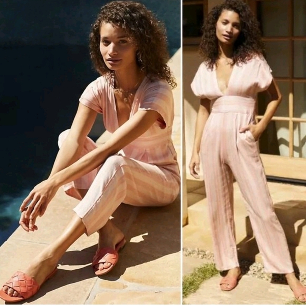 Anthropologie L Space Striped Cover-Up Jumpsuit Size Small pink viscose